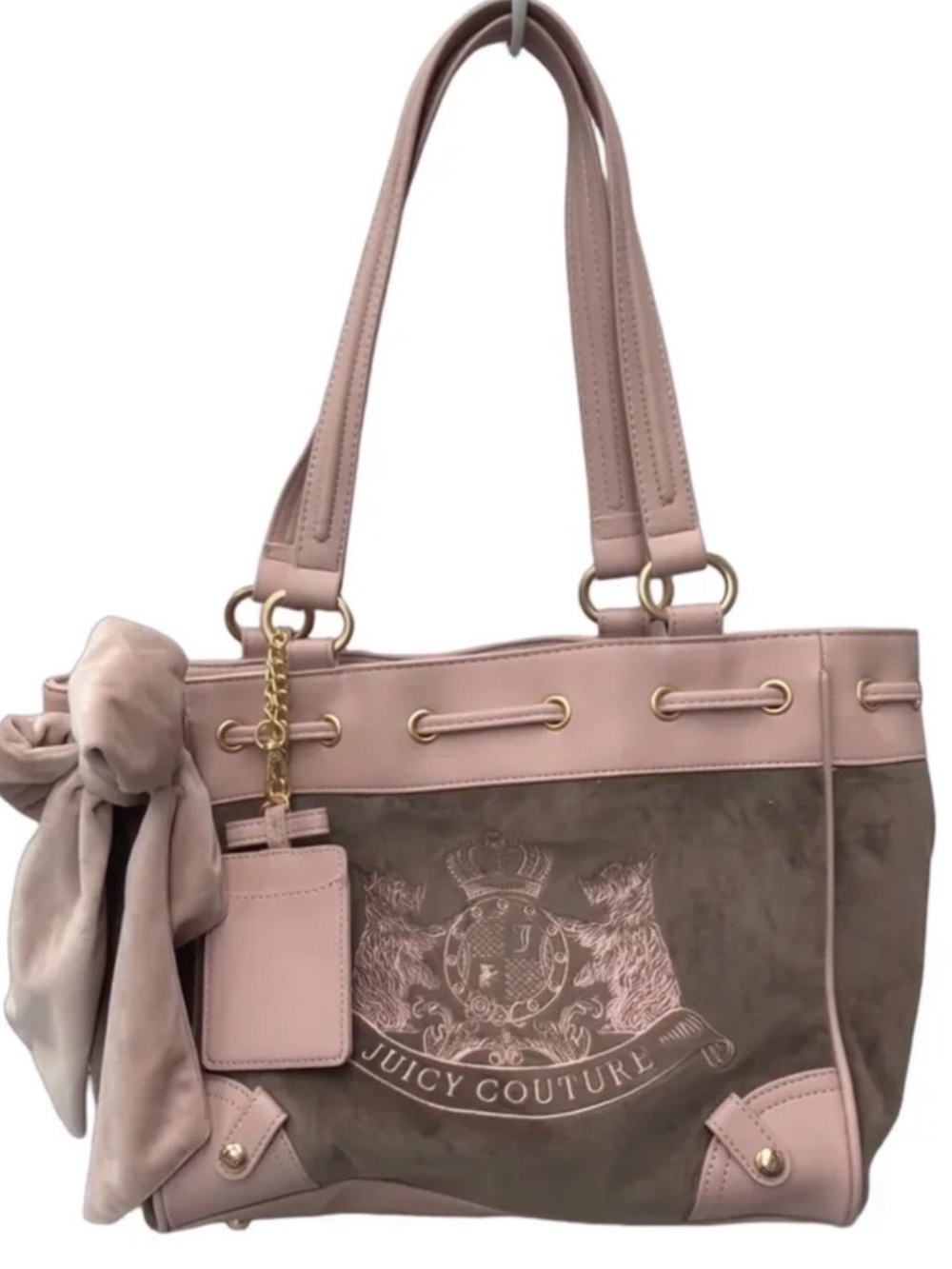 Juicy Couture velour Scotty Westie dog tote bag taupe pink hang tag charm euc